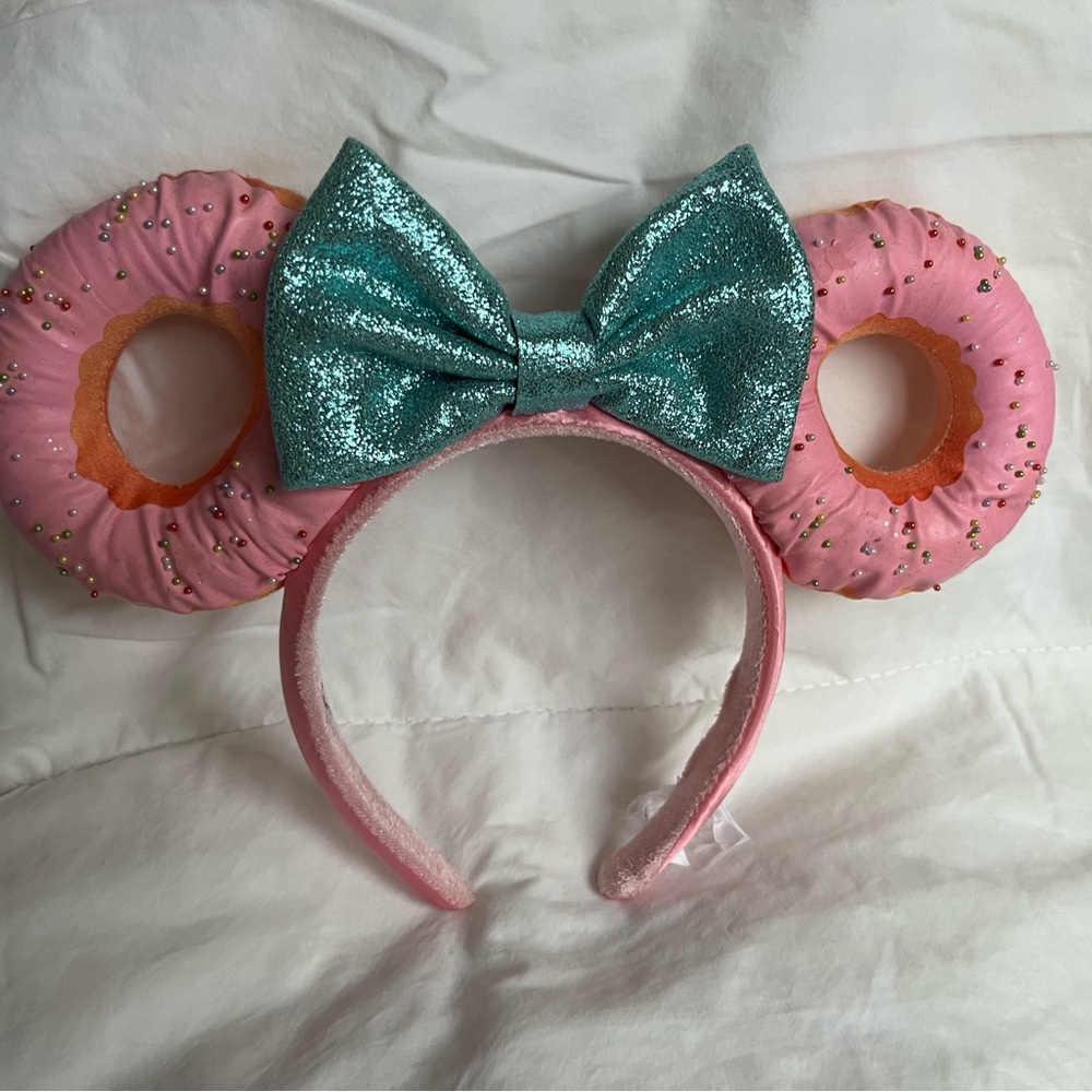 Pink Donut Mickey Ears with Teal Bow Headband
